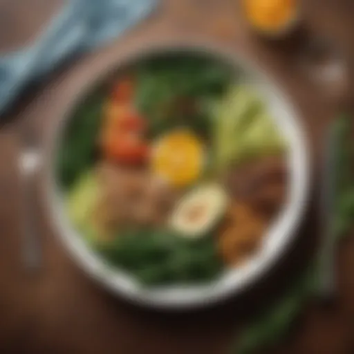 A vibrant plate of DASH diet-friendly foods including leafy greens, whole grains, and lean protein.