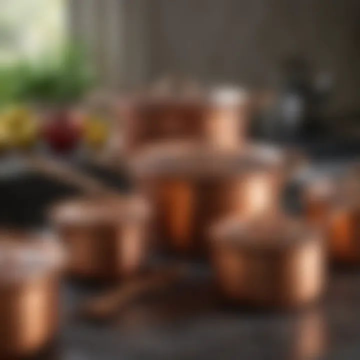 Shimmering copper pots arranged artistically