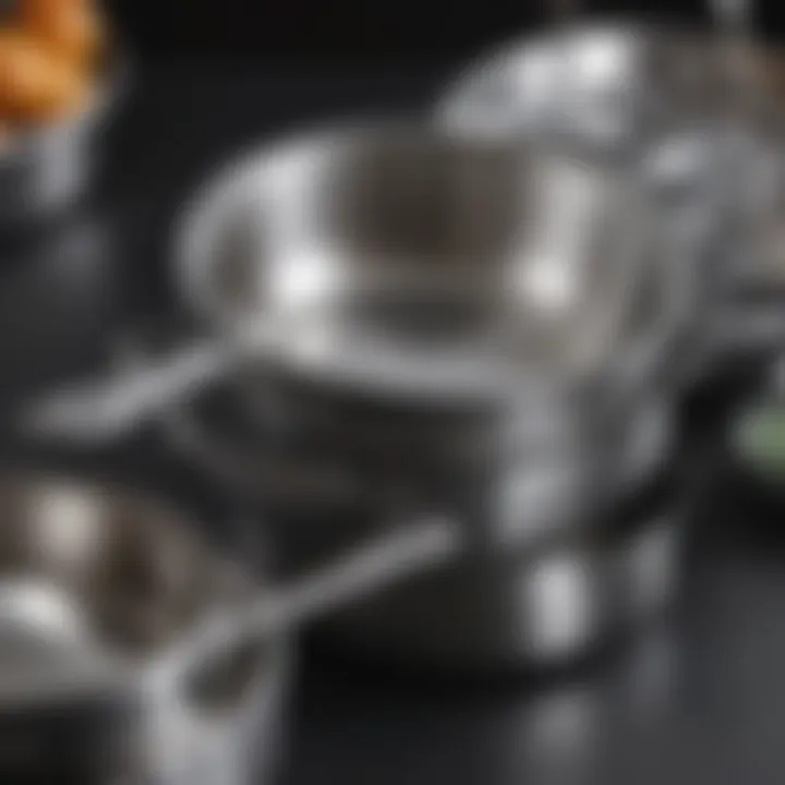 Close-up of polished stainless steel cookware