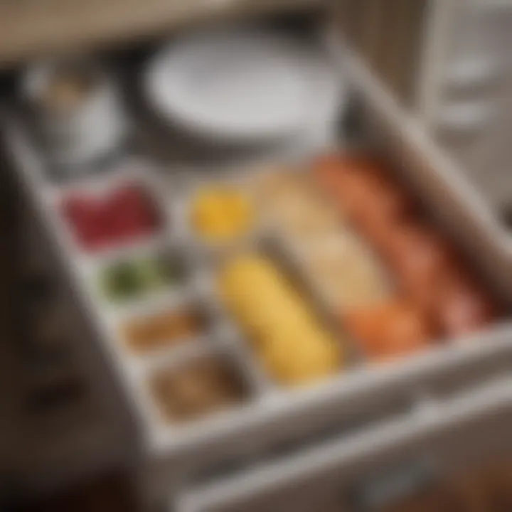 Close-up view of a well-organized drawer featuring dinner plate dividers