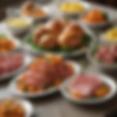 A selection of vibrant side dishes arranged around the ham.