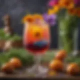 Vibrant Easter cocktail garnished with fresh herbs and edible flowers