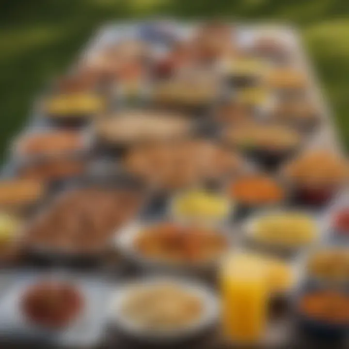 Colorful spread of cold tailgate dishes on a picnic table