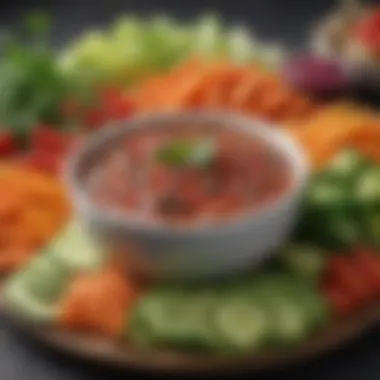 A close-up of a delicious dip accompanied by an array of colorful raw vegetables.