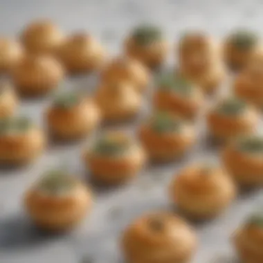 An elegant arrangement of mini savory pastries filled with cheese and herbs on a marble countertop.