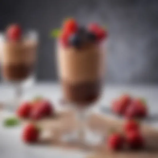 An elegant chocolate mousse topped with fresh berries, served in a crystal glass.