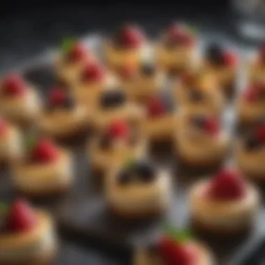 A platter filled with assorted mini cheesecakes, each uniquely decorated.