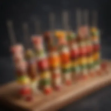 An elegant display of skewered appetizers featuring colorful ingredients