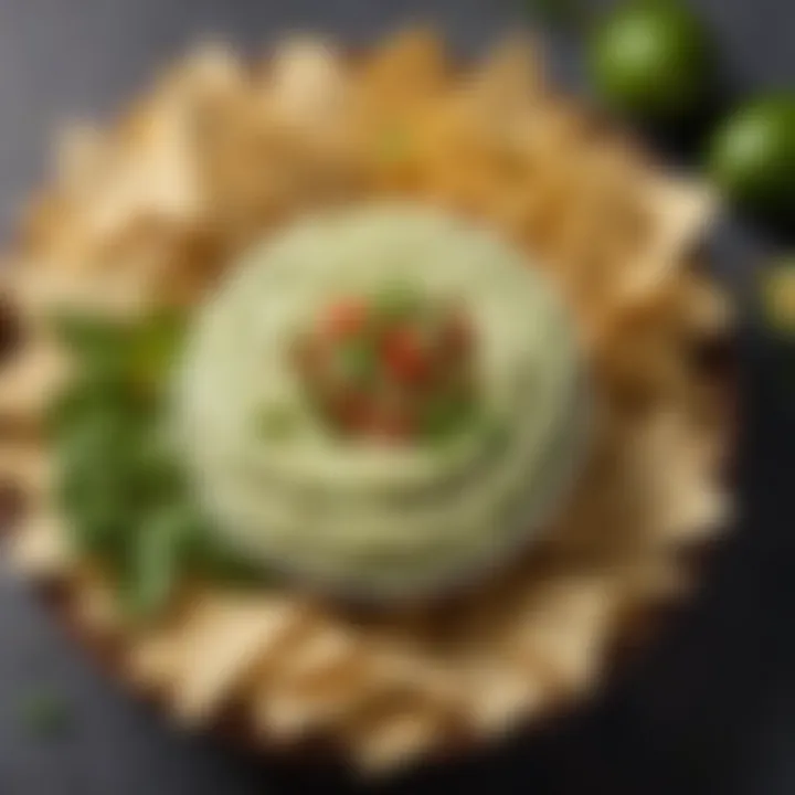 A close-up of a creamy avocado dip with fresh herbs garnishing it, surrounded by tortilla chips.