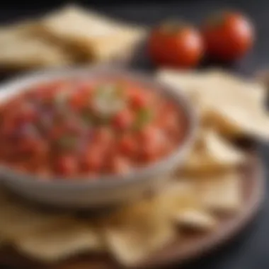 A bowl of zesty salsa with diced tomatoes and onions, paired with crunchy pita chips.