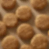 A close-up of freshly baked peanut butter cookies with a golden brown surface and a crisscross pattern on top.