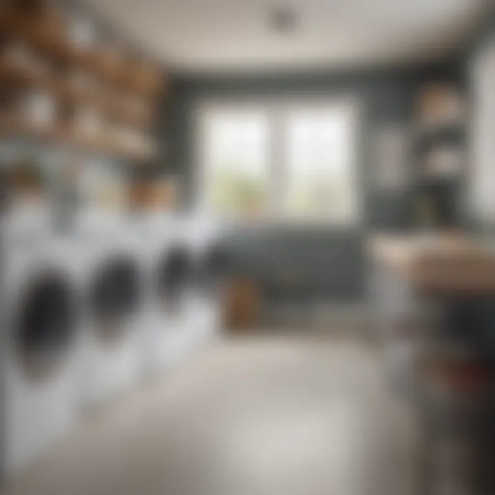 Wide shot of a clean laundry room highlighting an organized washer area