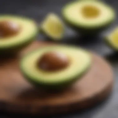 Avocado with Lemon Juice Avocado slice dressed with lemon juice, preventing browning.