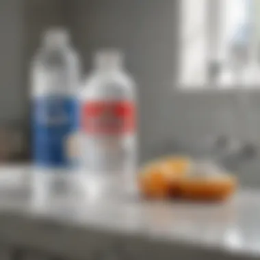 Essential Cleaning Supplies for Bathtub Maintenance Baking soda jar and cleaning supplies on a countertop