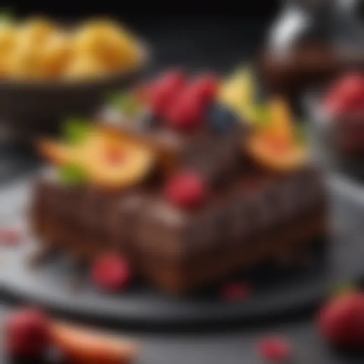 A close-up of a delicious chocolate dessert with fresh fruits