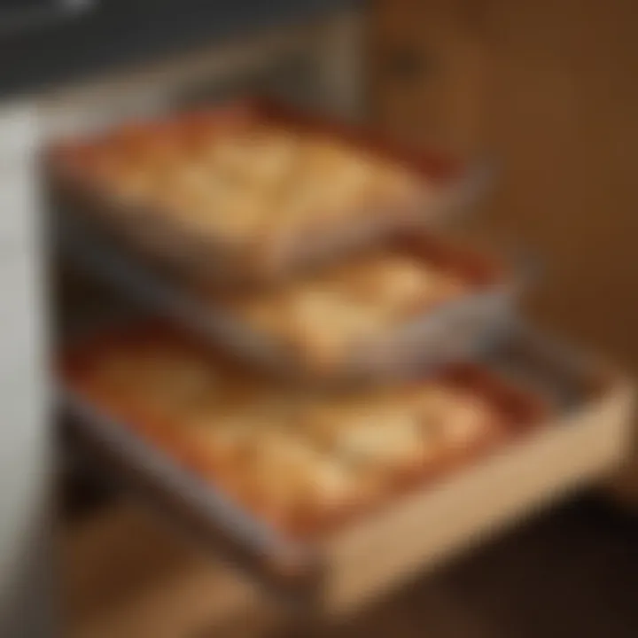 Deep dish lasagna pan neatly stored in a kitchen cabinet.