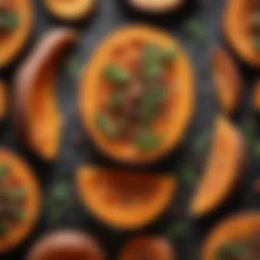 Garnished Roasted Sweet Potato Delight A beautifully roasted sweet potato garnished with herbs and spices
