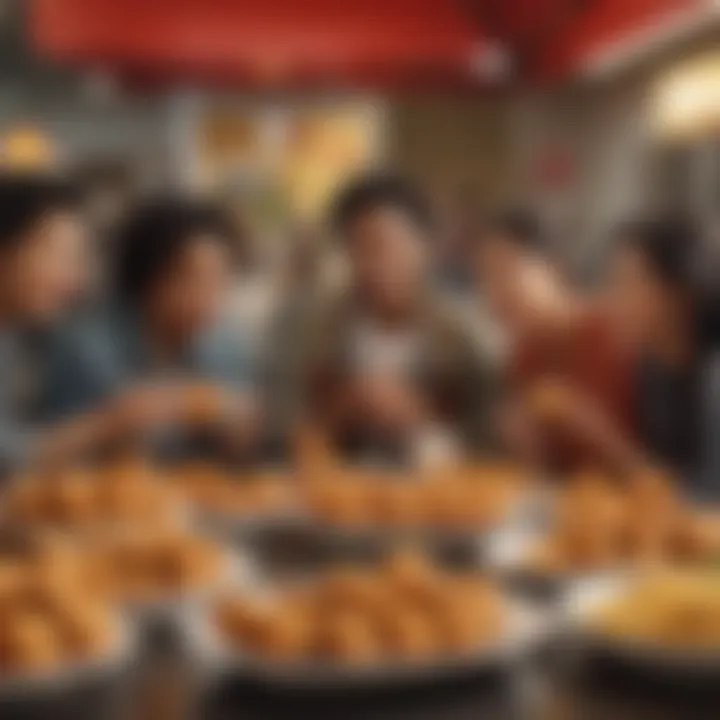 A group of diverse individuals enjoying vegetarian chicken nuggets in a fast food setting.