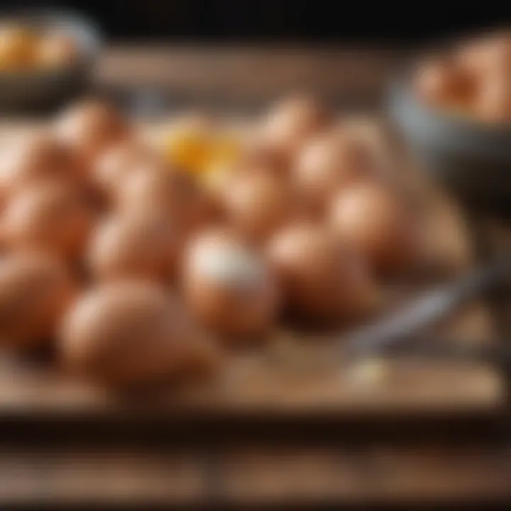 A collection of fresh eggs arranged on a wooden surface, emphasizing their importance in baking.