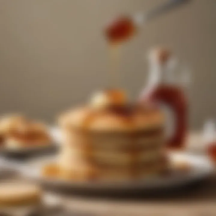 A bottle of maple syrup drizzled over a stack of pancakes, showcasing a classic pairing.