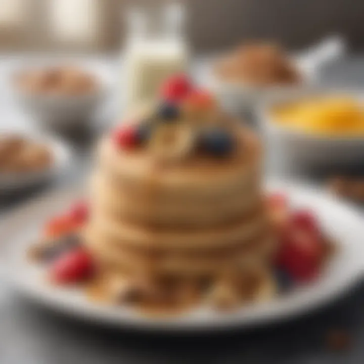 A variety of toppings such as fruits and nuts displayed around fluffy pancakes, highlighting customization options.