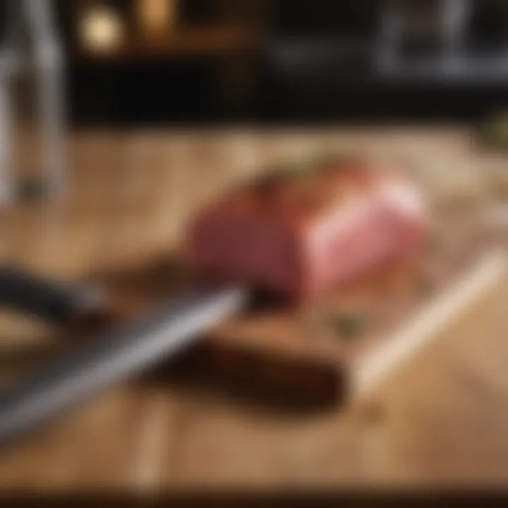 Close-up of a chef's knife on a wooden cutting board