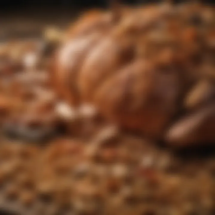 Close-up of a smoker filled with wood chips and turkey