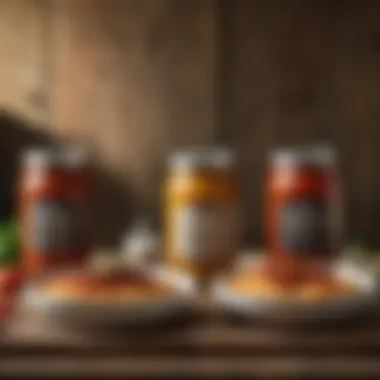 A selection of gourmet spaghetti sauces on a rustic wooden table.