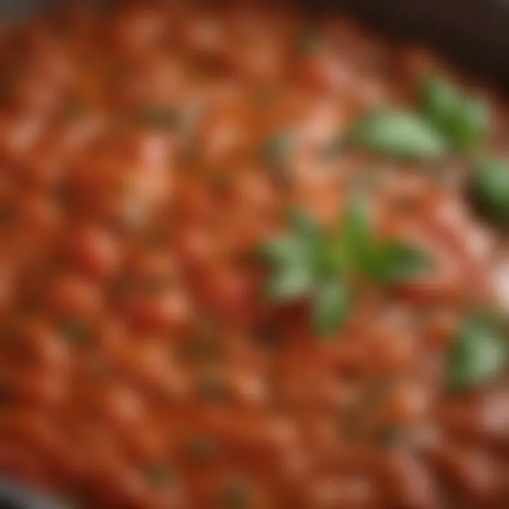 Close-up of a vibrant tomato-based sauce with fresh herbs.