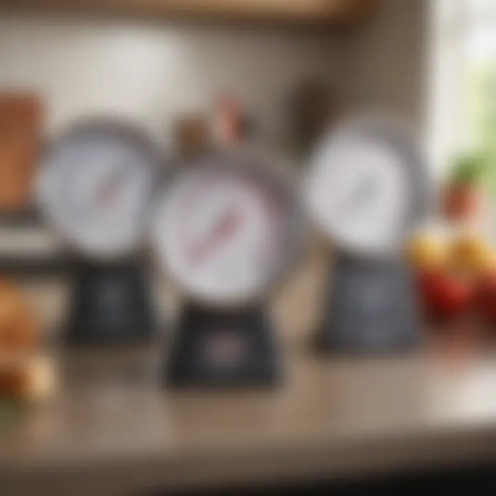 Thermometers arranged on a kitchen countertop