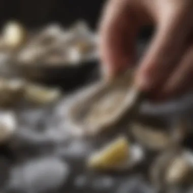 Close-up of an oyster being expertly shucked, highlighting the technique and precision involved.