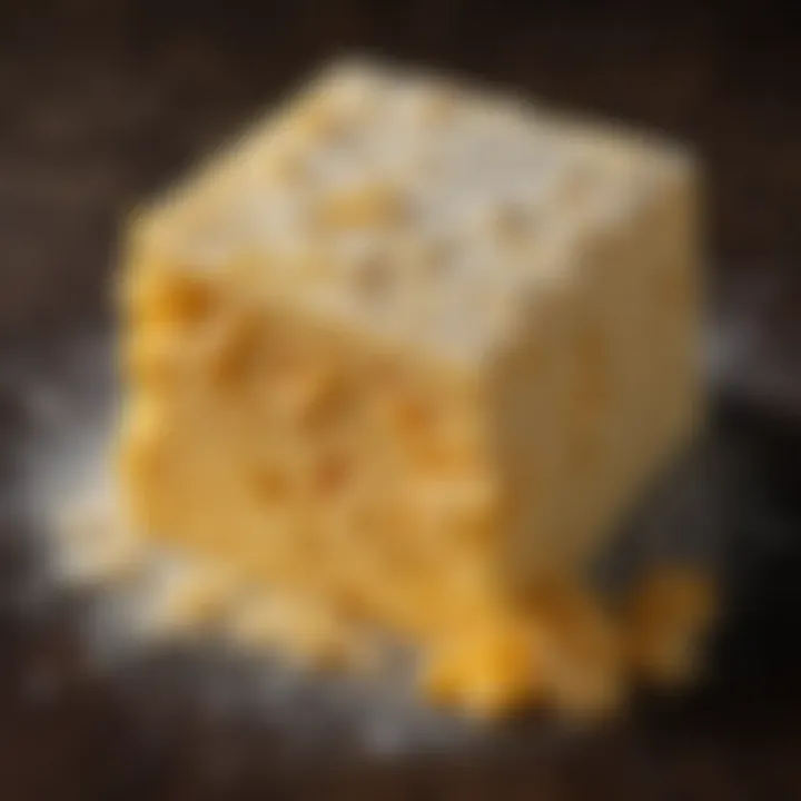 A close-up of powdered sharp cheddar cheese showcasing its texture and color