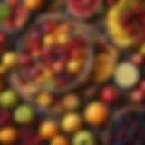 A colorful assortment of seasonal fruits on a wooden table