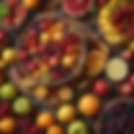 A colorful assortment of seasonal fruits on a wooden table