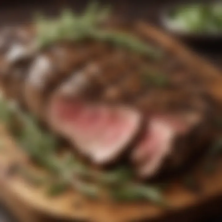 A close-up of a beautifully grilled flank steak with herbs