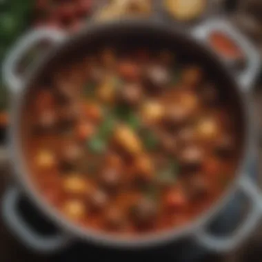 A close-up of a simmering pot filled with a rich African stew