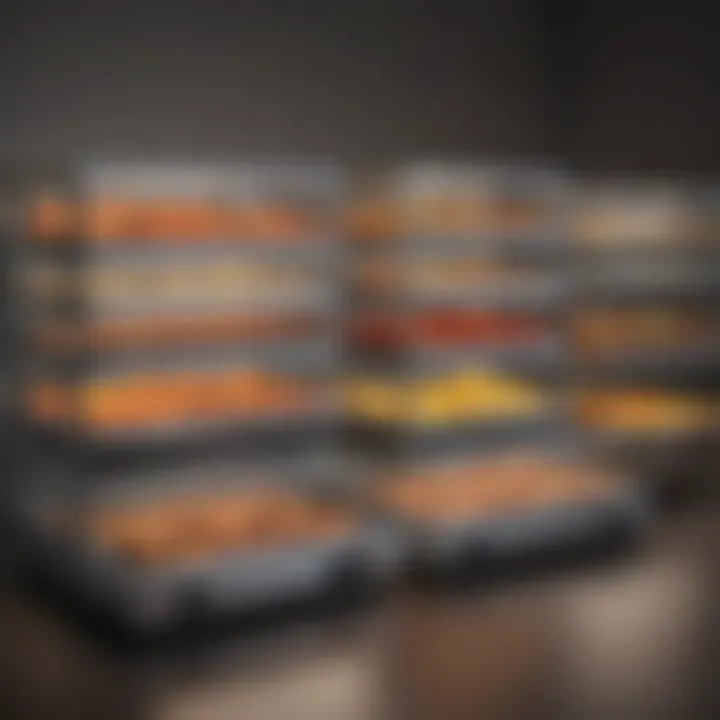 Different types of electric food warmers arranged in a display.