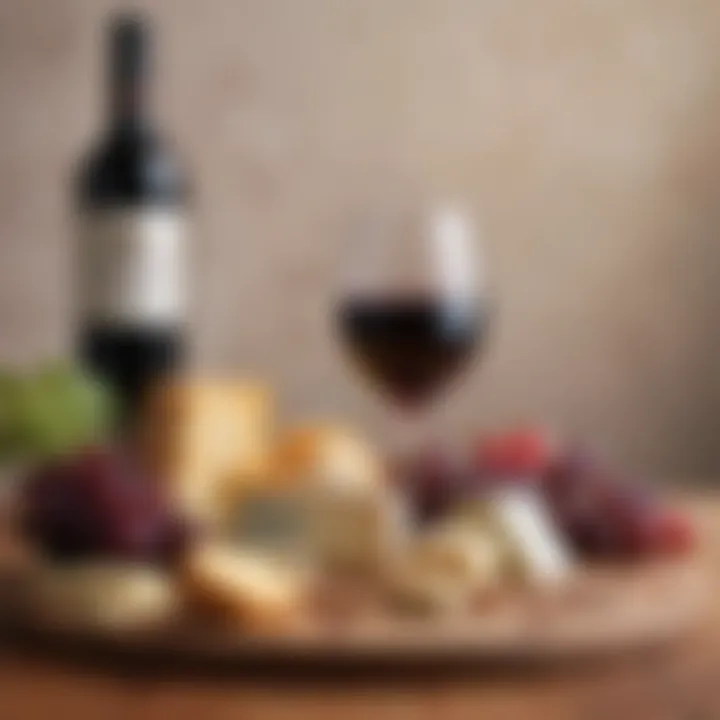 A vibrant assortment of cheeses paired with red wine.