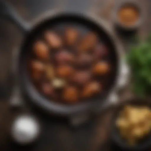 A beautifully seasoned cast iron skillet showcasing its rich texture and finish
