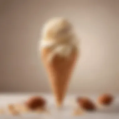 A scoop of almond milk ice cream on a stylish cone against a vibrant backdrop