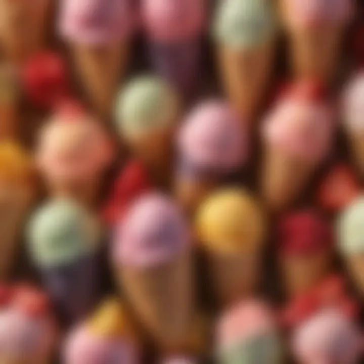 A colorful assortment of fruit-based ice creams displayed in elegant cups