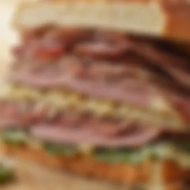 A close-up of a Reuben sandwich, highlighting its layers and texture