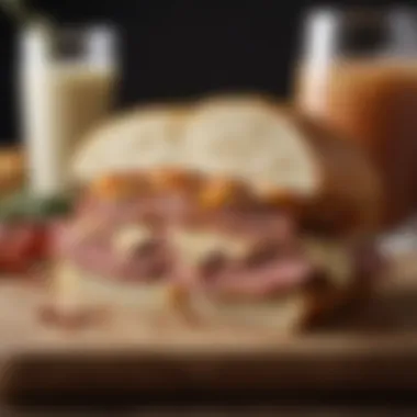 Deliciously Crafted Reuben Sandwich A succulent Reuben sandwich with layers of corned beef and Swiss cheese