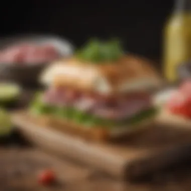 Artisan Tuna Sandwich Highlighting Fresh Ingredients Artisan tuna sandwich on a wooden board with fresh ingredients