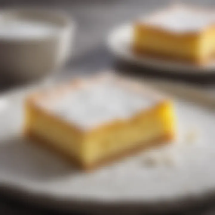 An elegant slice of lemon bar topped with a dusting of powdered sugar.