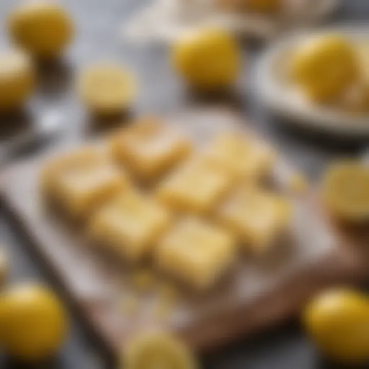 A collection of lemon bars alongside fresh lemons and zest, emphasizing the key ingredients.