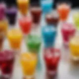 A vibrant assortment of colorful non-alcoholic beverages in elegant glasses.
