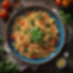 A vibrant plate of gluten-free pasta adorned with fresh vegetables and herbs