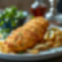 Deliciously golden breaded chicken fillet served with fresh herbs