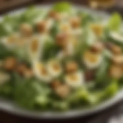 A close-up of a traditional Caesar salad displaying fresh romaine lettuce and croutons.